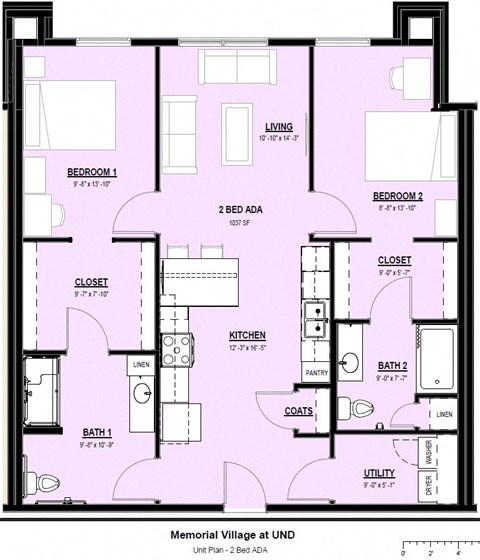Floor plan for 2 beds, 2 baths, 1037 sqft